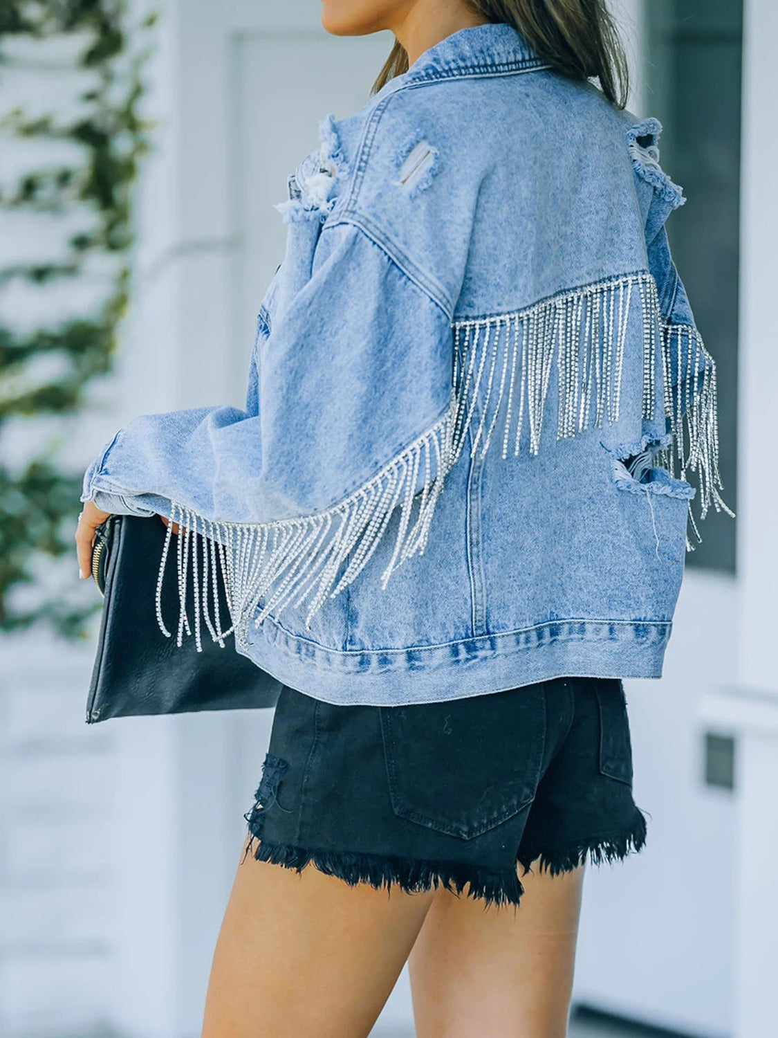 Damsel In Distressed Cotton Blend Distressed Fringe Washed Denim Jacket (Light Blue)