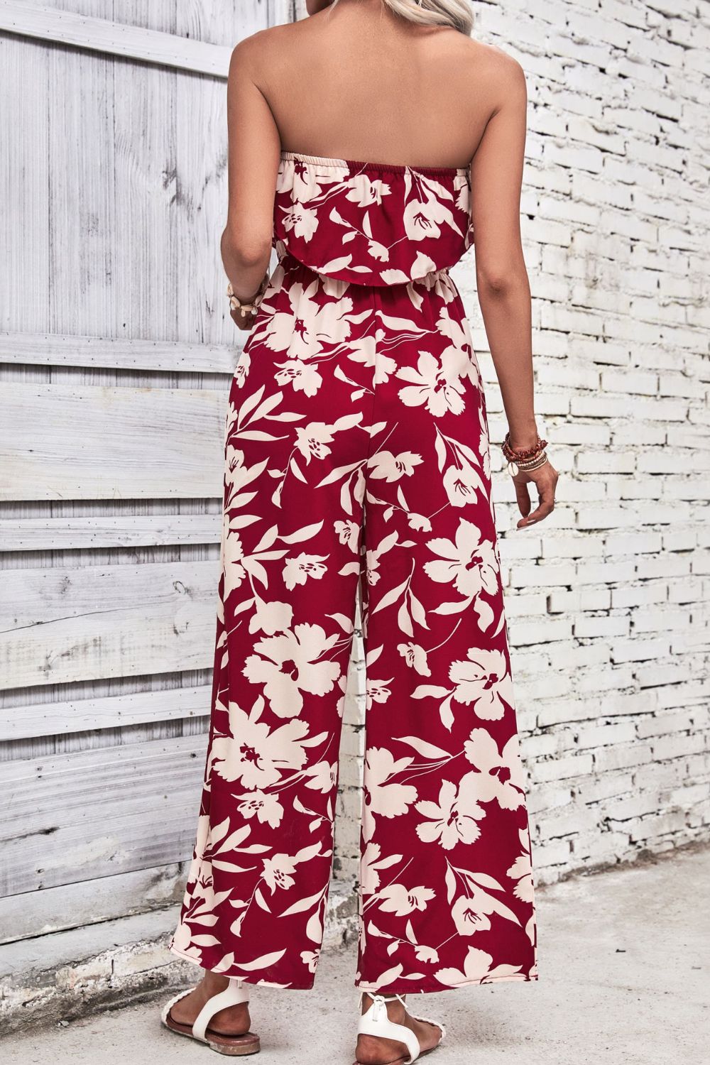 Perfee Floral Strapless Wide Leg Jumpsuit