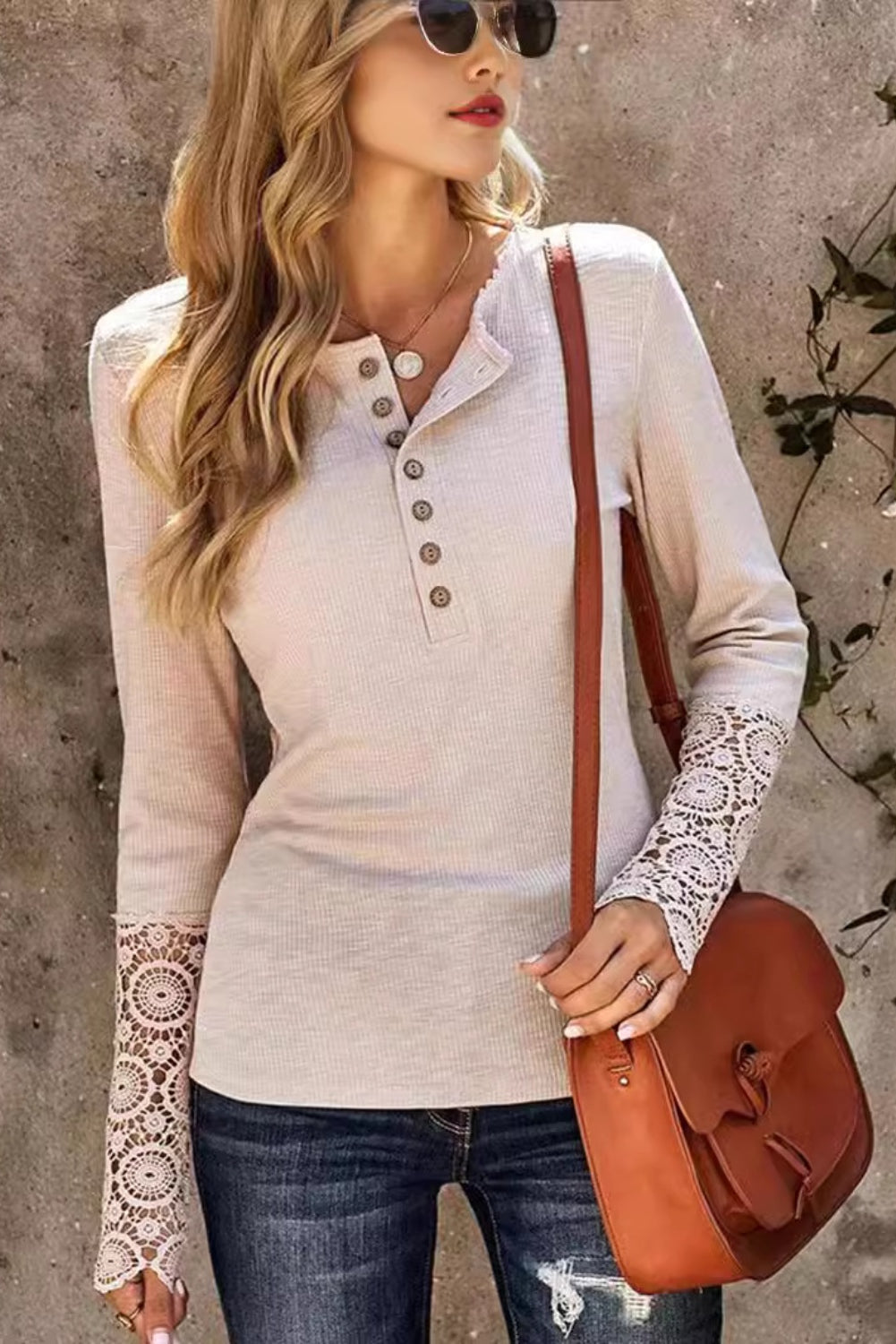 The Lilianna Lace 100% Polyester Long Half Sleeve Lace Detail Button Down Top (Dust Storm)