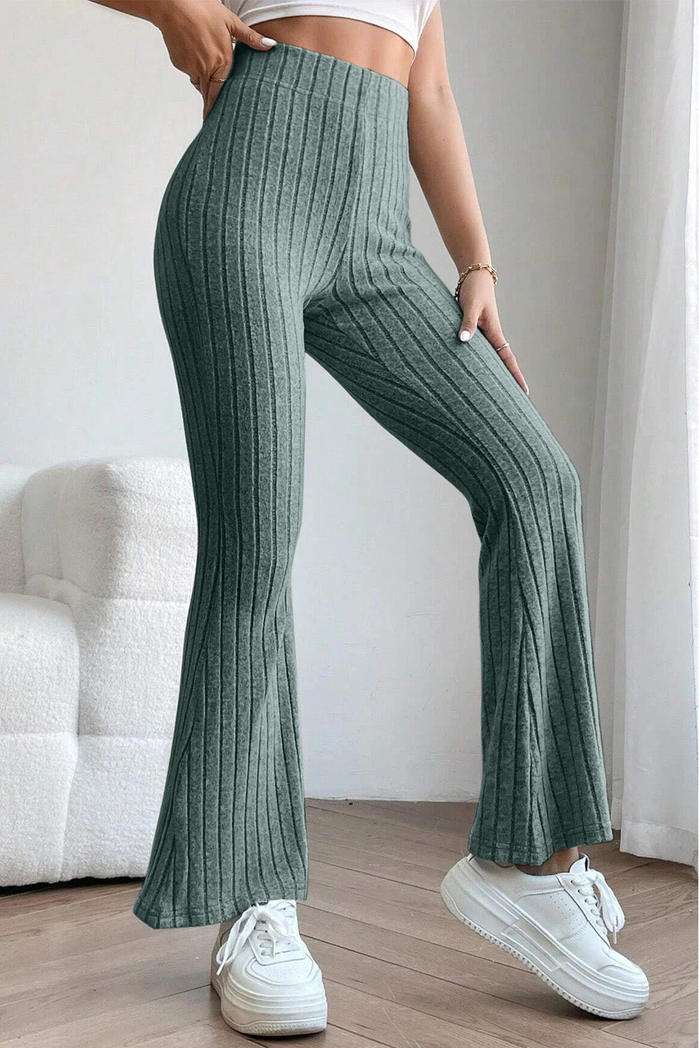 Basic Bae Full Size Ribbed High Waist Flare Pants