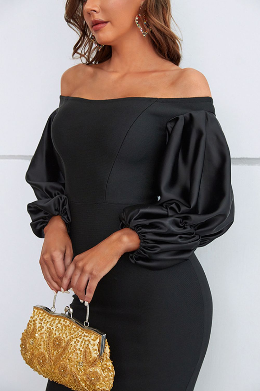 Our Best Polyester/Elastane Single Shoulder Puff Sleeves Formal Wear Maxi Dress (Black)