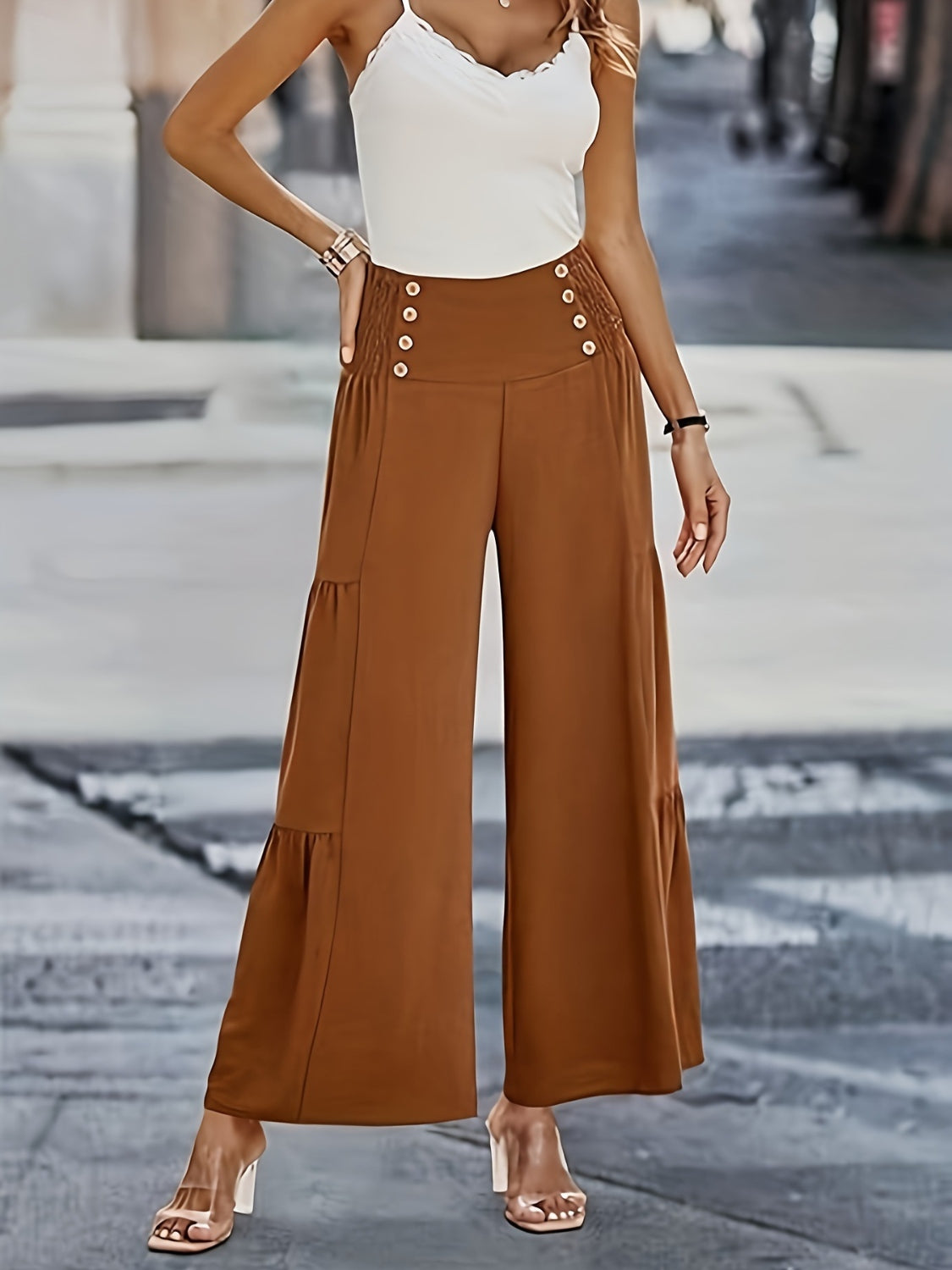 Our Best 100% Polyester Smocked Button Detail Pleated Wide Leg Palazzo Pants (Brown)