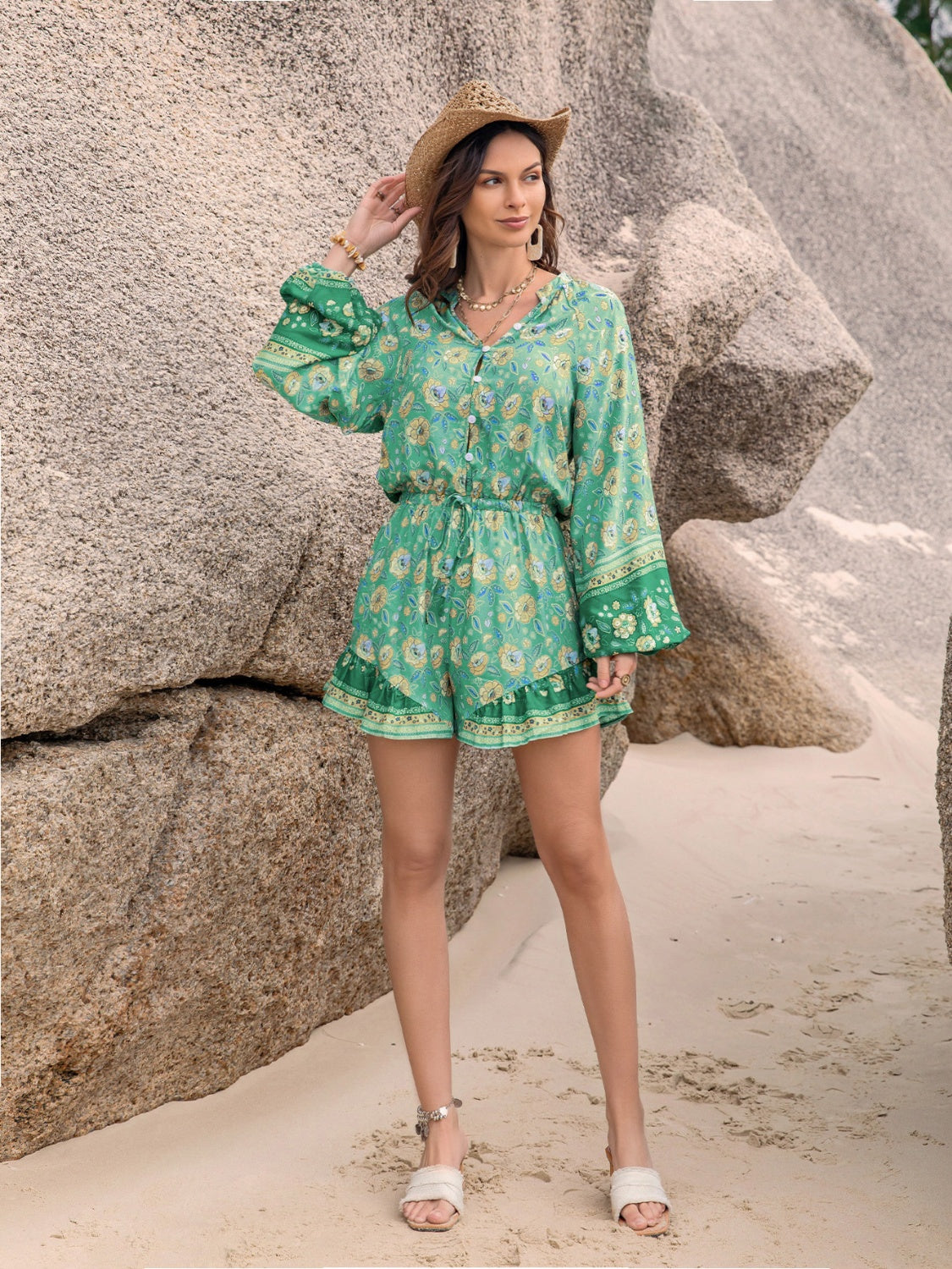 Our Best 100% Viscose Fashion Plus Floral Fantasy Ruffled Balloon Sleeve Romper (Green)