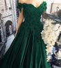 Green off the shoulder beading lace floral long satin prom dress ball gown