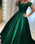 Green off the shoulder beading lace floral long satin prom dress ball gown