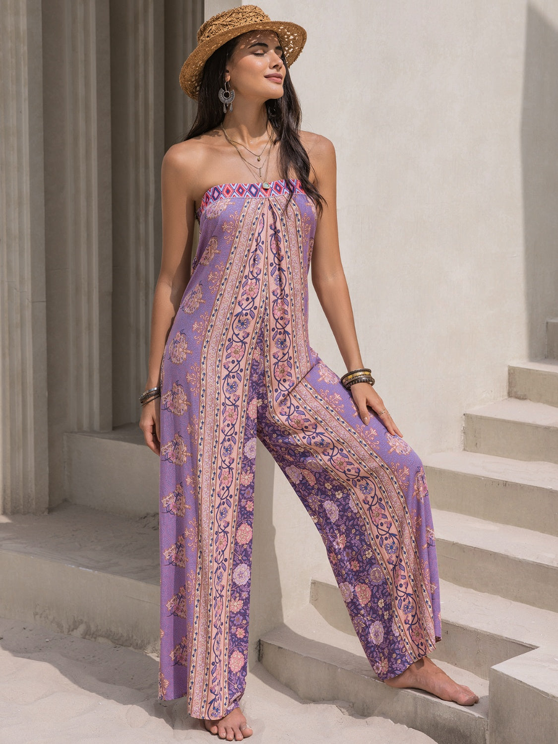 Tied Printed Tube Wide Leg Jumpsuit