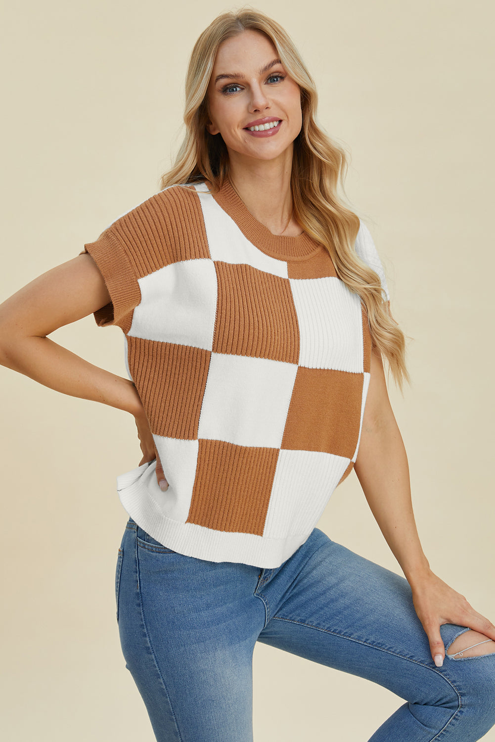 Double Take Full Size Checkered Round Neck Short Sleeve Sweater