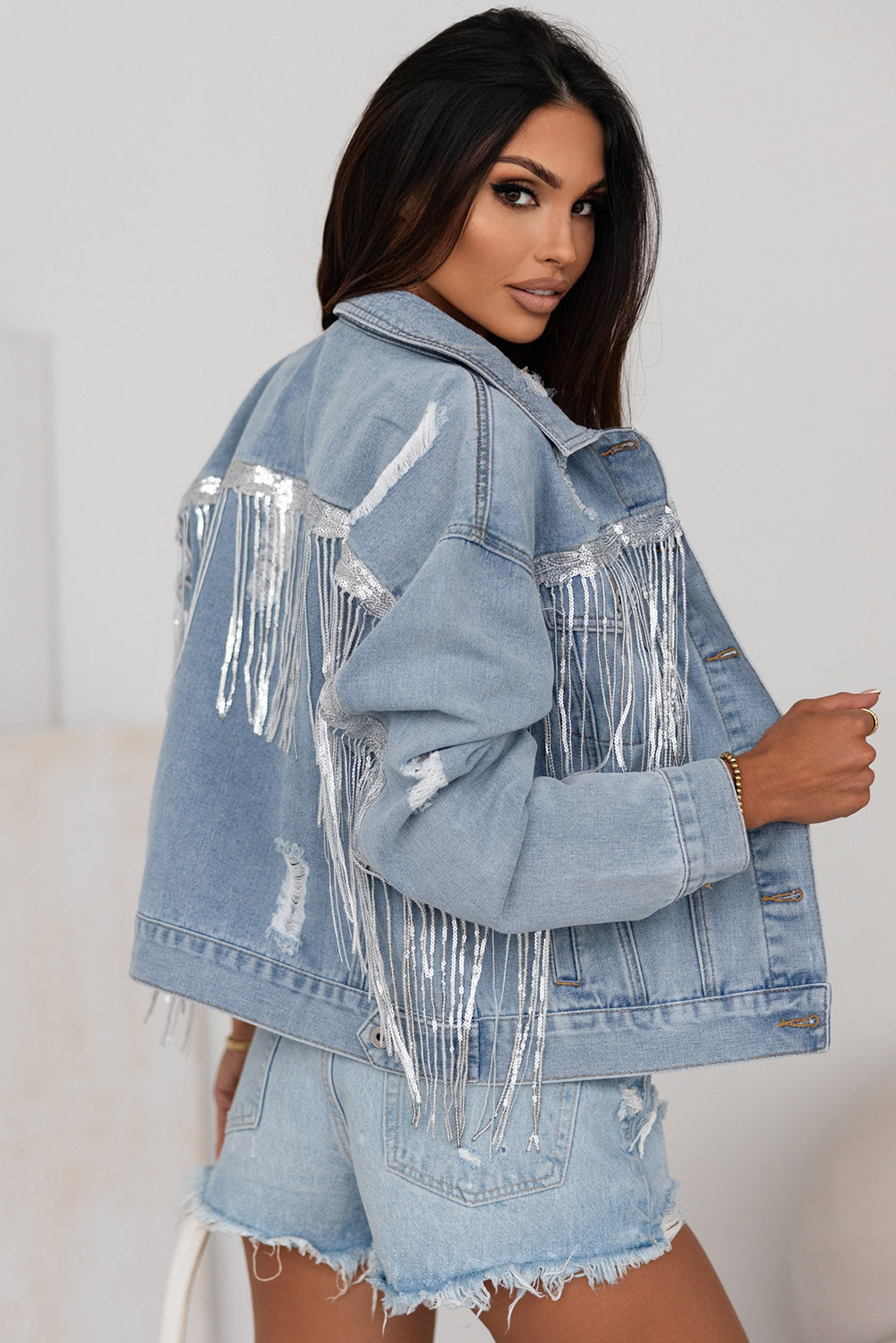 Damsel In Distressed Cotton Blend Sequin Fringe Trim Distressed Button-Up Denim Jacket (Light Denim)