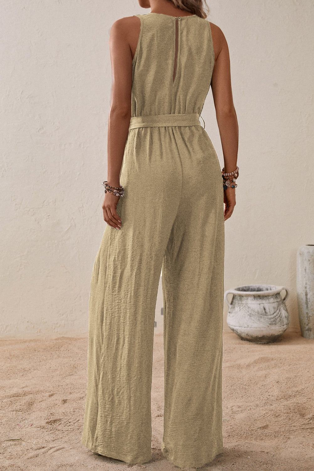 Our Best 100% Polyester Deep-V Sash Tie Belt Loop Detail Surplice Sleeveless Wide Flare Jumpsuit (Multicolor)