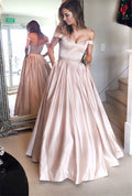 Pink off the shoulder long satin prom dress,beading evening party dress wedding party gown