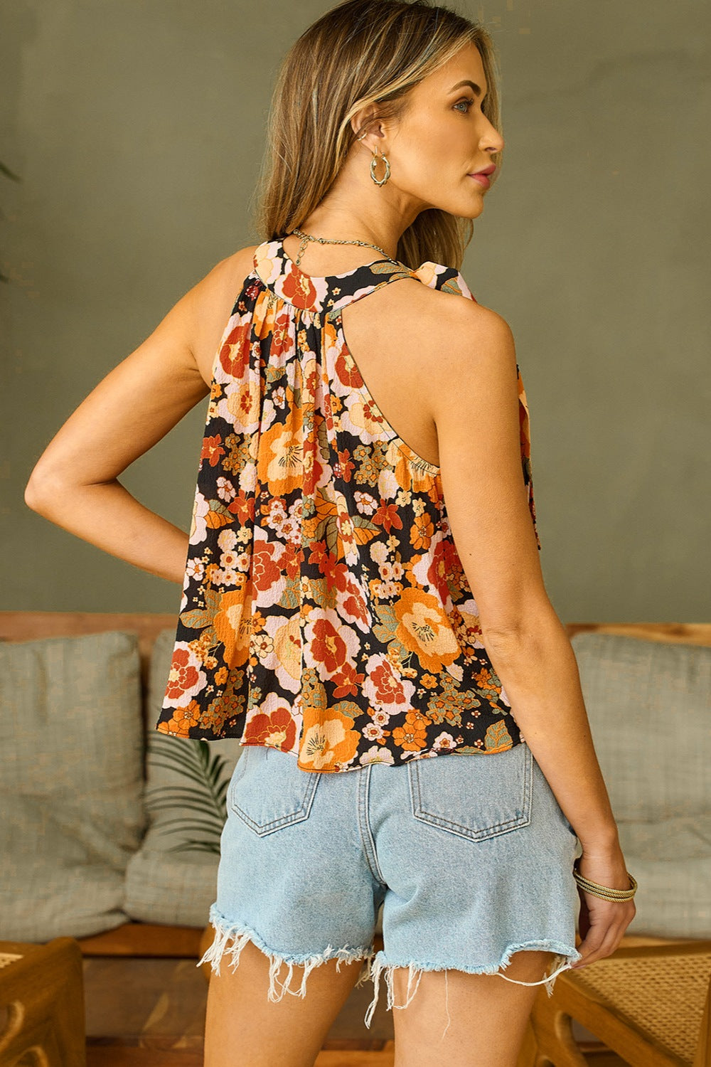 Our Best Polyester Blend Sash Tie Exotic Print Grecian Neck Tank Top (Floral)