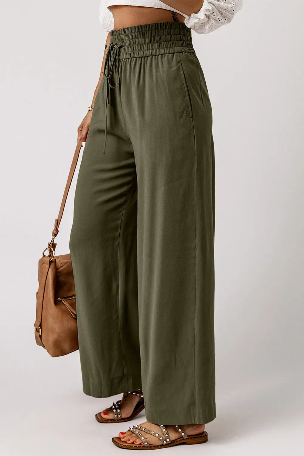 Our Best Polyester Blend Smocked High Waist Wide Waistband Drawstring Detail Palazzo Pants (Army Green)