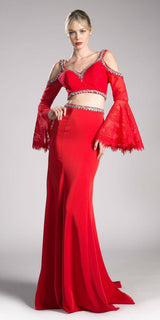 Cinderella Divine 13114 Two Piece Gown Cold Shoulder Trumpet Sleeves