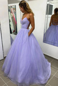 Lavender v neck long tulle pocket prom dress ball gown glitter wedding party dress