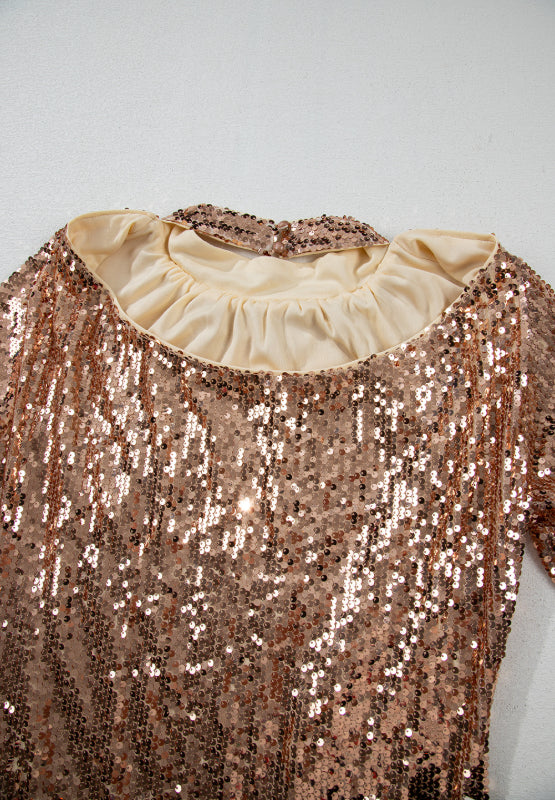 Backless Sequin Mock Neck Long Sleeve Mini Dress (Gold)