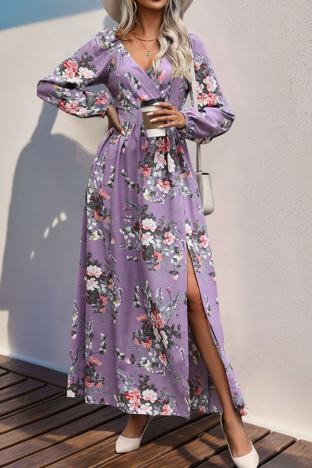 Our Best 100% Polyester Exotic Floral Print Perfee Slit Surplice Long Sleeve Maxi Dress (Variants)