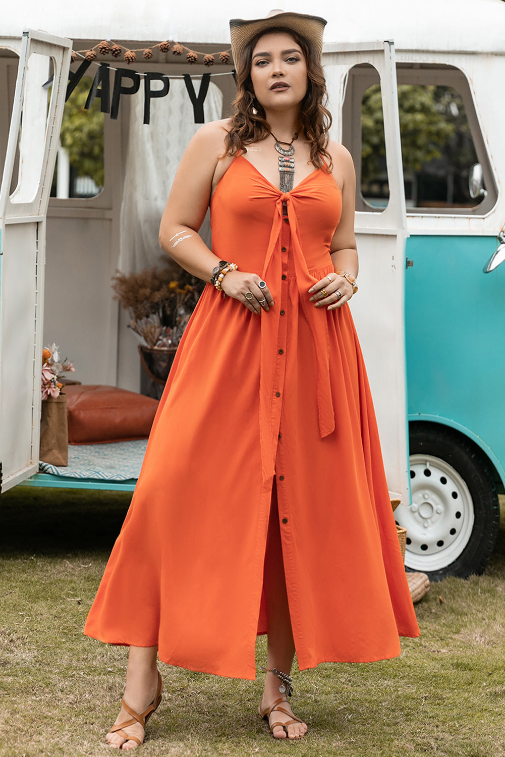 Plus Size Lovely Ladies 100% Viscose Fashion Plus Halter Neck Midi Dress (Orange)