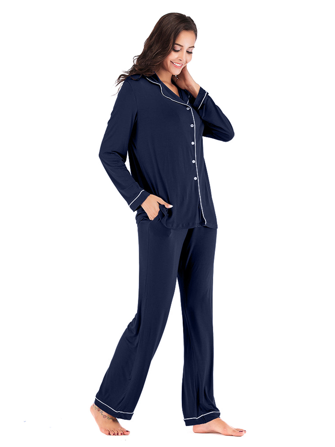 Simona Slumbertime Nylon Blend Long Sleeve Pocket and Piping Detail Loungewear Set (Multicolor)