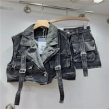Retro Pink Large Pocket Denim Suit Spring Summer Sleeveless Short Vest High Waist Hip Wrapped Skirt 2 Pieces Sets Women Outfits - treasures-4-u-2-day