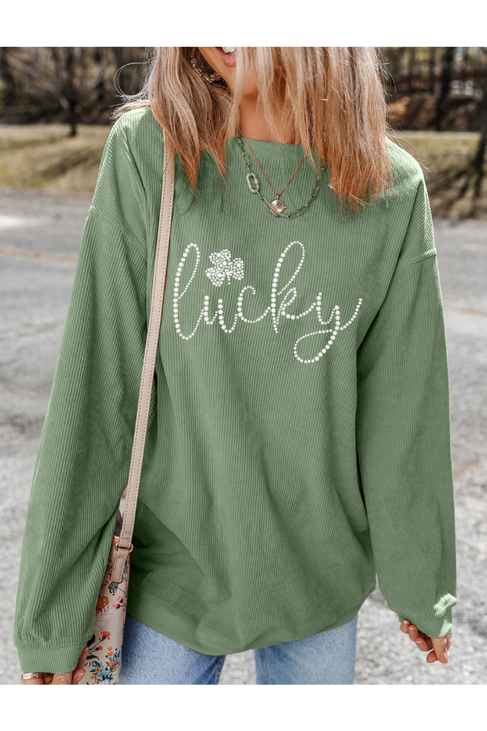 LUCKY Rhinestone Round Neck Long Sleeve Sweatshirt