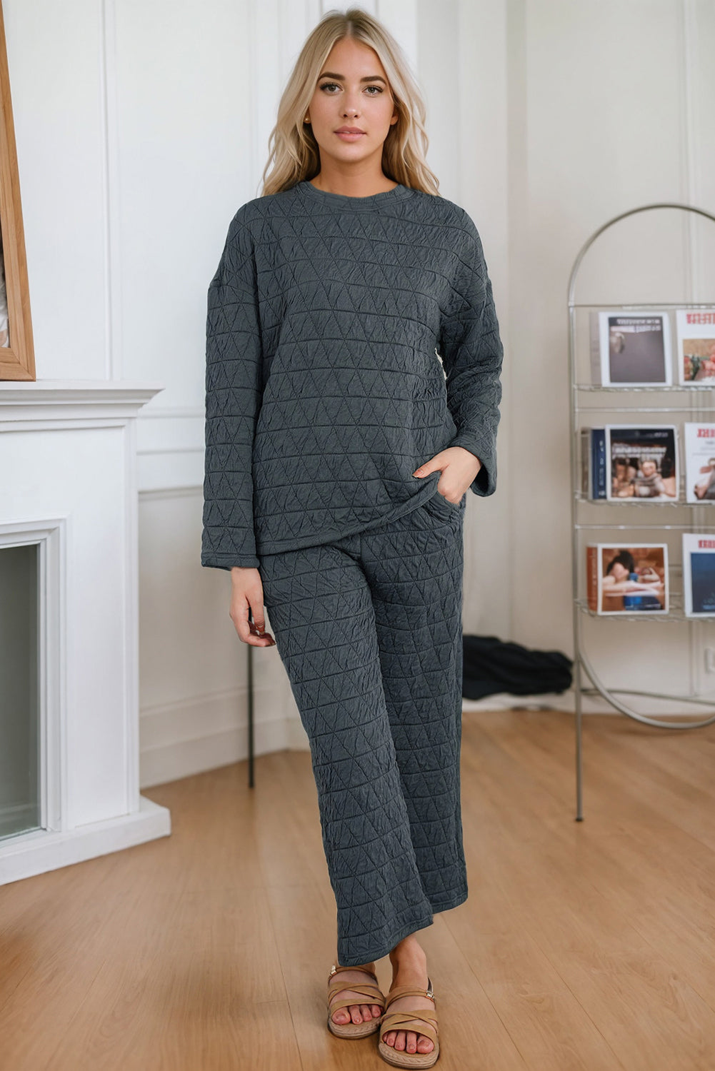 Our Best Quilted Polyester Blend Long Sleeve Top Two Piece Pocket Detail Lounge Set (Black)