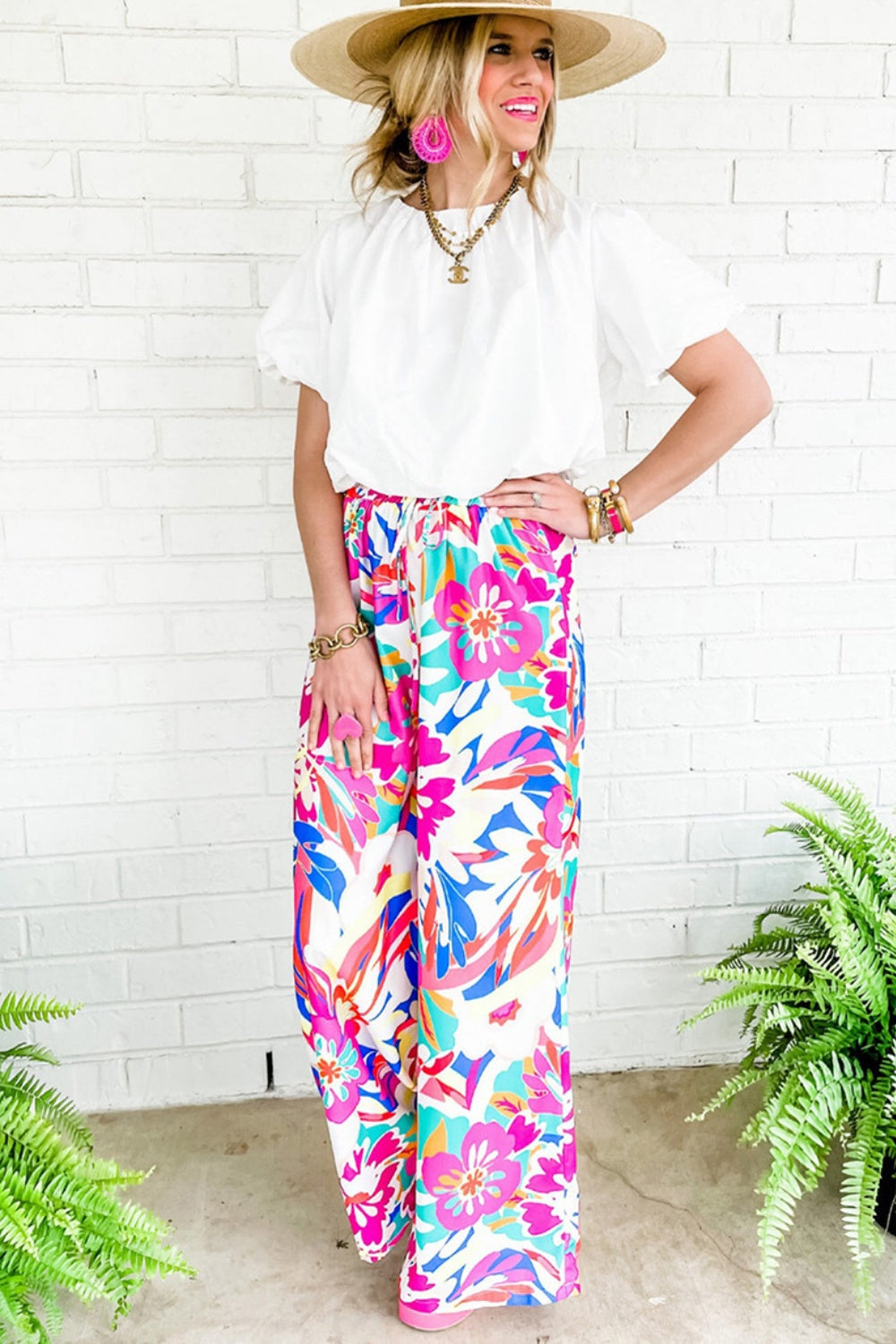 Our Best Polyester Blend Fashion Plus Floral Fantasy Print Drawstring Waist Wide Leg Pants (Hot Pink)