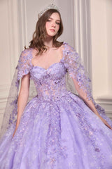 Ladivine 15719 Long Poofy Quinceanera Gown With Tulle Cape