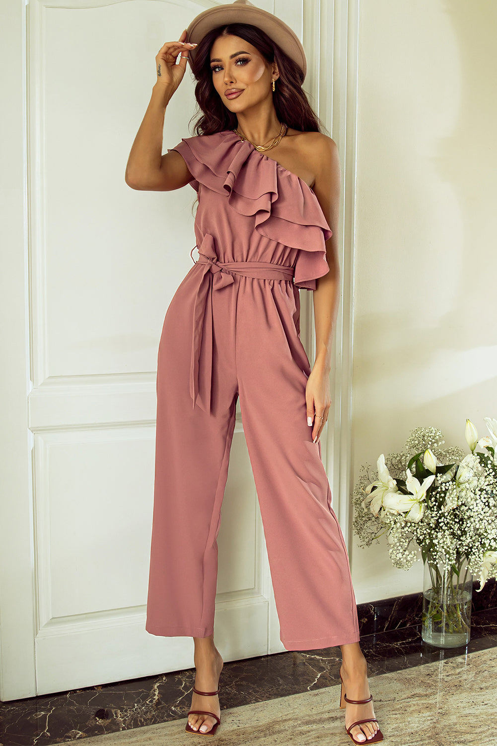 Our Best 100% Polyester Cool-n-Comfy Fashion Plus Ruffled & Tie Detail One-Shoulder Jumpsuit (Dusty Pink)