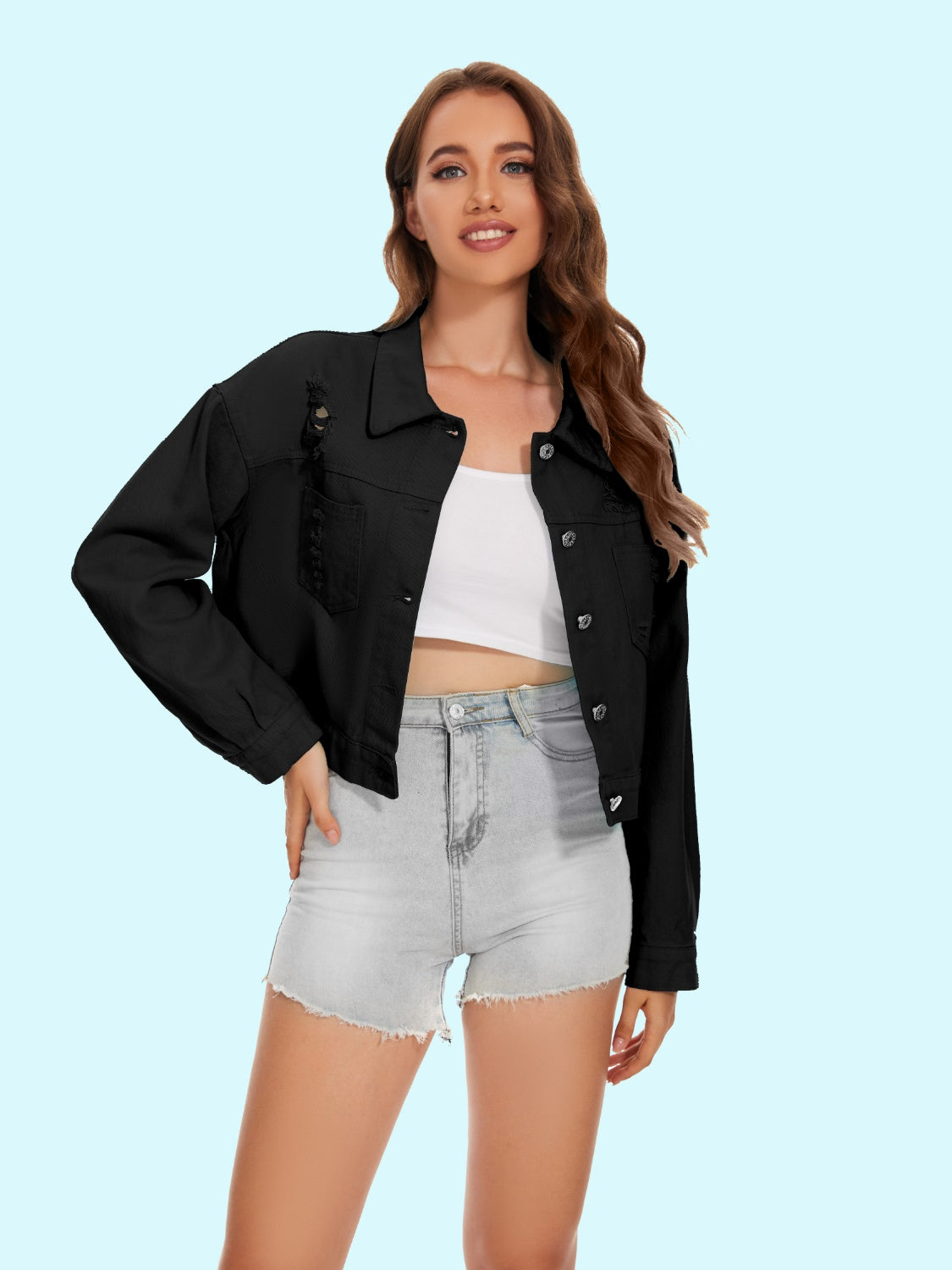 Damsel In Distressed 100% Cotton Fashion Plus Distressed Button-Up Crop Denim Jacket (Multicolor)