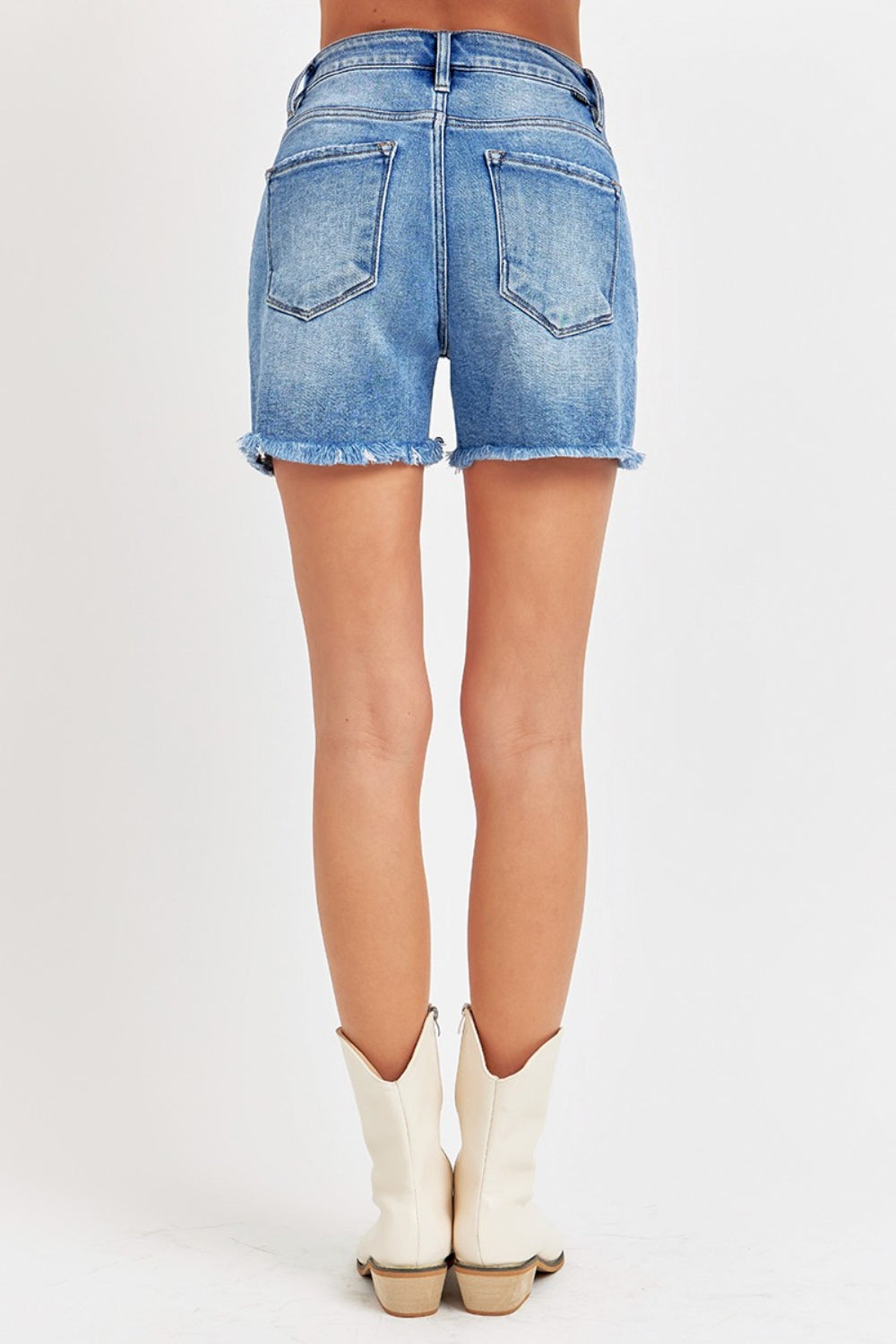 RISEN High Rise Cotton Blend Slit Hem Pocket Detail Denim Shorts (Medium Denim)