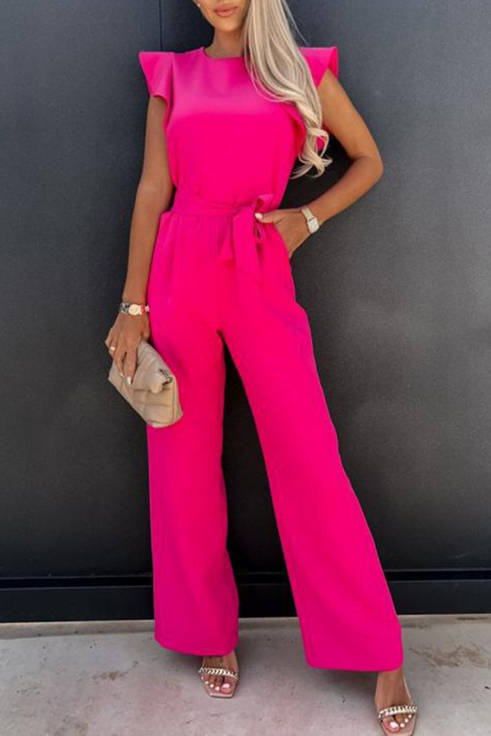 Fashion Plus Polyester/Spandex Cool-n-Comfy Round Neck Ruffled Cap Sleeve Detail Jumpsuit (Multicolor)