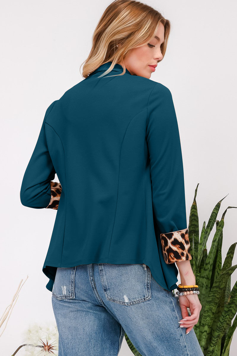 Celeste Polyester Blend Fashion Plus Full Size Rolled Leopard Cuff Open Front Blazer (Hunter Green)