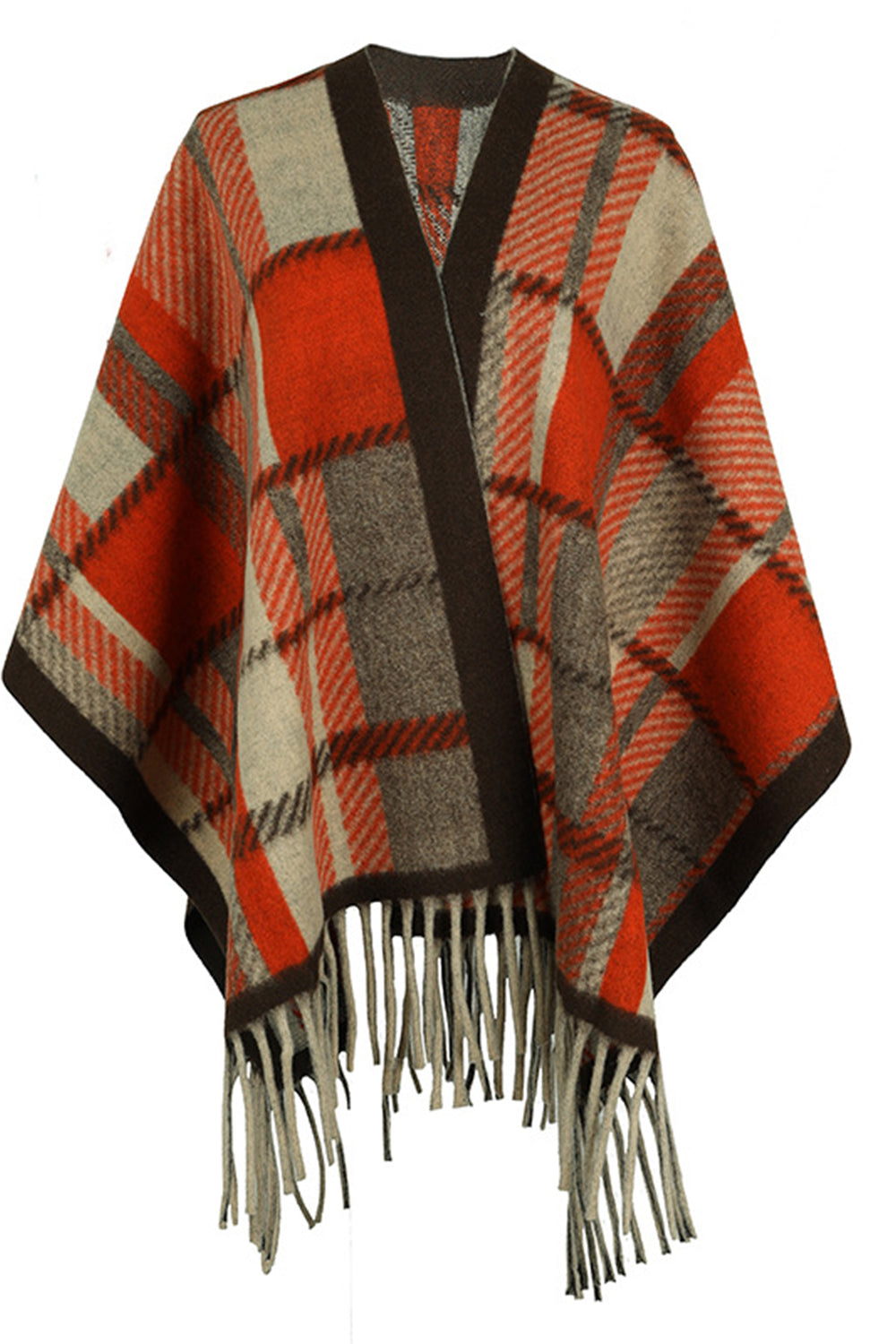 Monah Paloma Acrylic Blend Pretty-n-Plush Cloak Long Sleeve Fringe Detail Plaid Poncho (Multicolor)