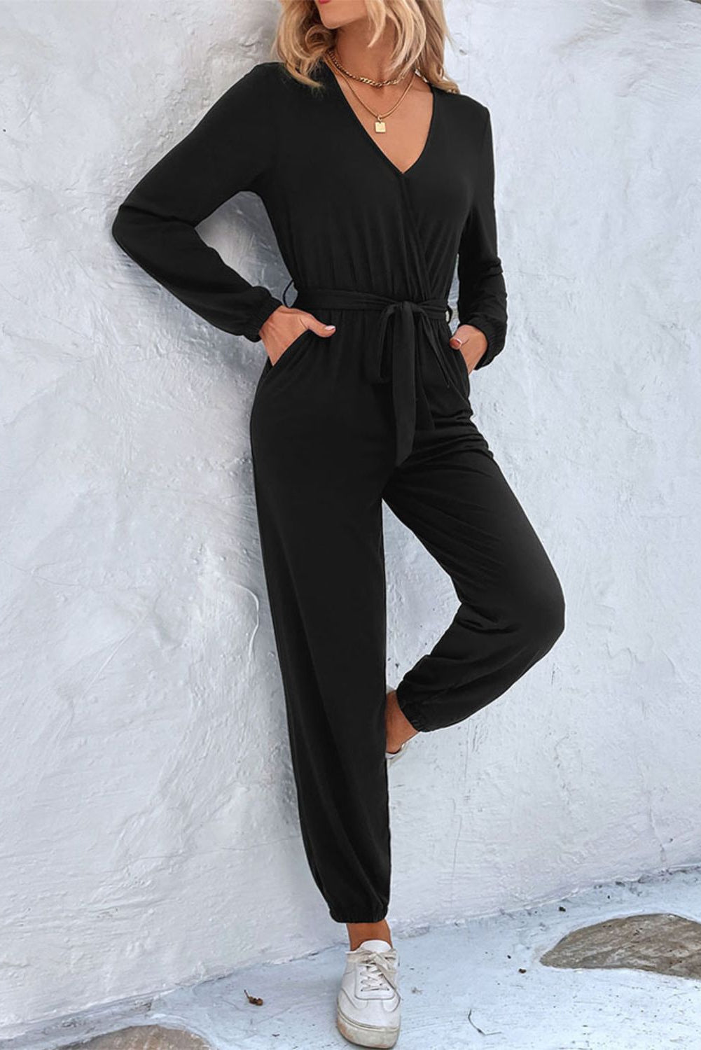 Perfee Polyester Blend Fashion Plus V-neck Long Sleeve Form Fitting Sash Tie Belt Jumpsuit (Black)