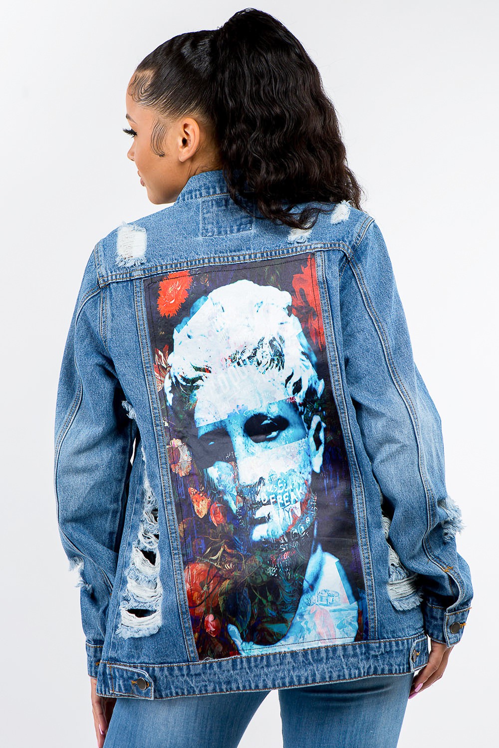 American Bazi Cotton Blend Button-Up Distressed Denim Midi Jacket (Blue)