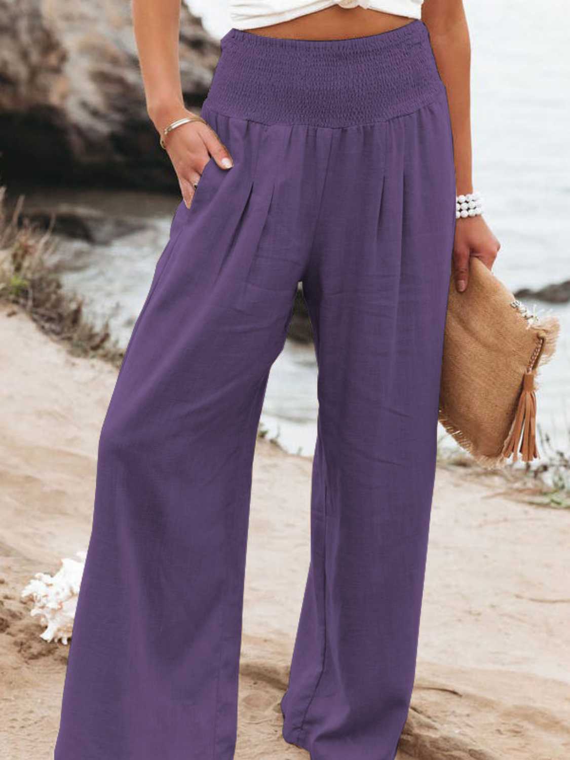 Our Best Polyester/Spandex Blend Deluxe Smocked Waist Wide Flare Palazzo Pants (Multicolors)