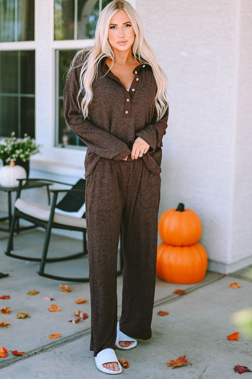 Our Best Polyester Blend Button Down Long Sleeve Top and Long Pants Two Piece Lounge Set (Brown)