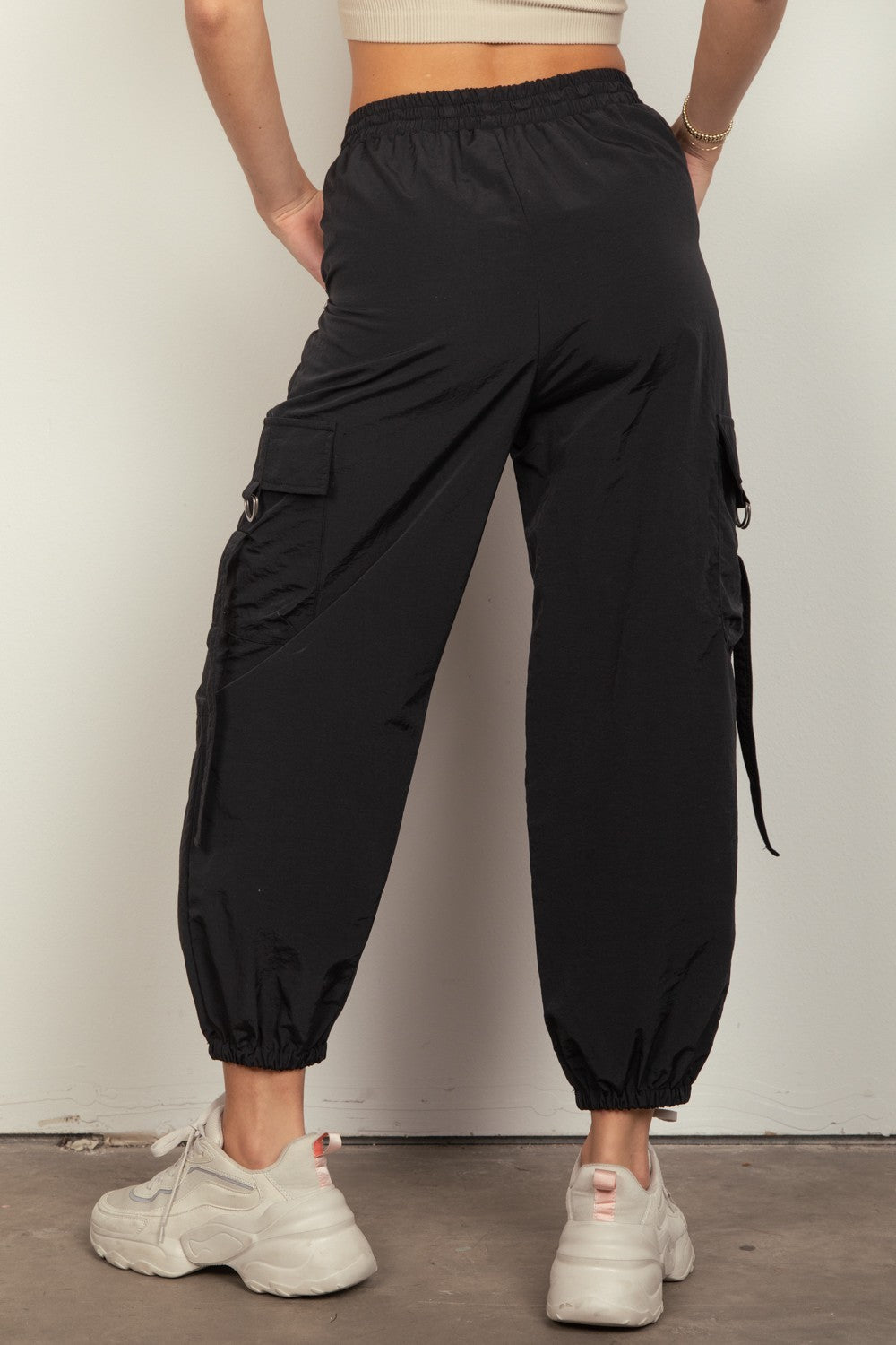 VERY J 100% Nylon Washed Woven Elastic Waist Band Cargo Pants with Pocket Detail (Black)