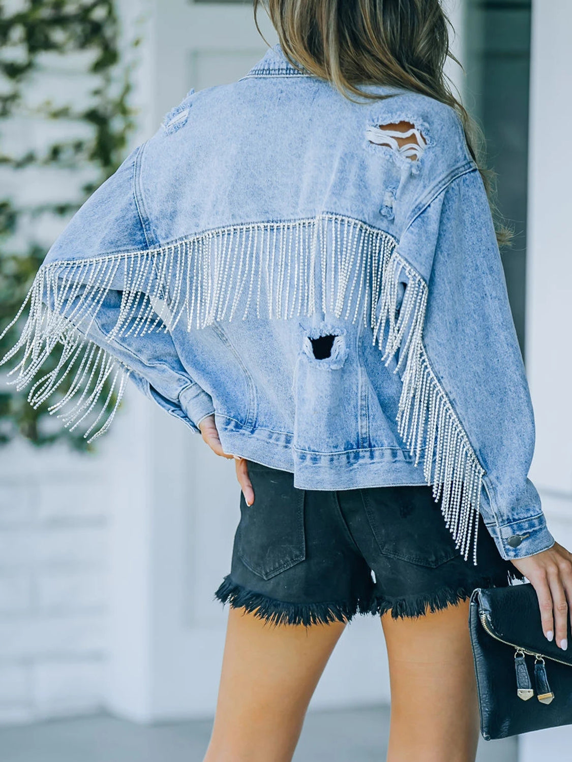 Damsel In Distressed Cotton Blend Distressed Fringe Washed Denim Jacket (Light Blue)