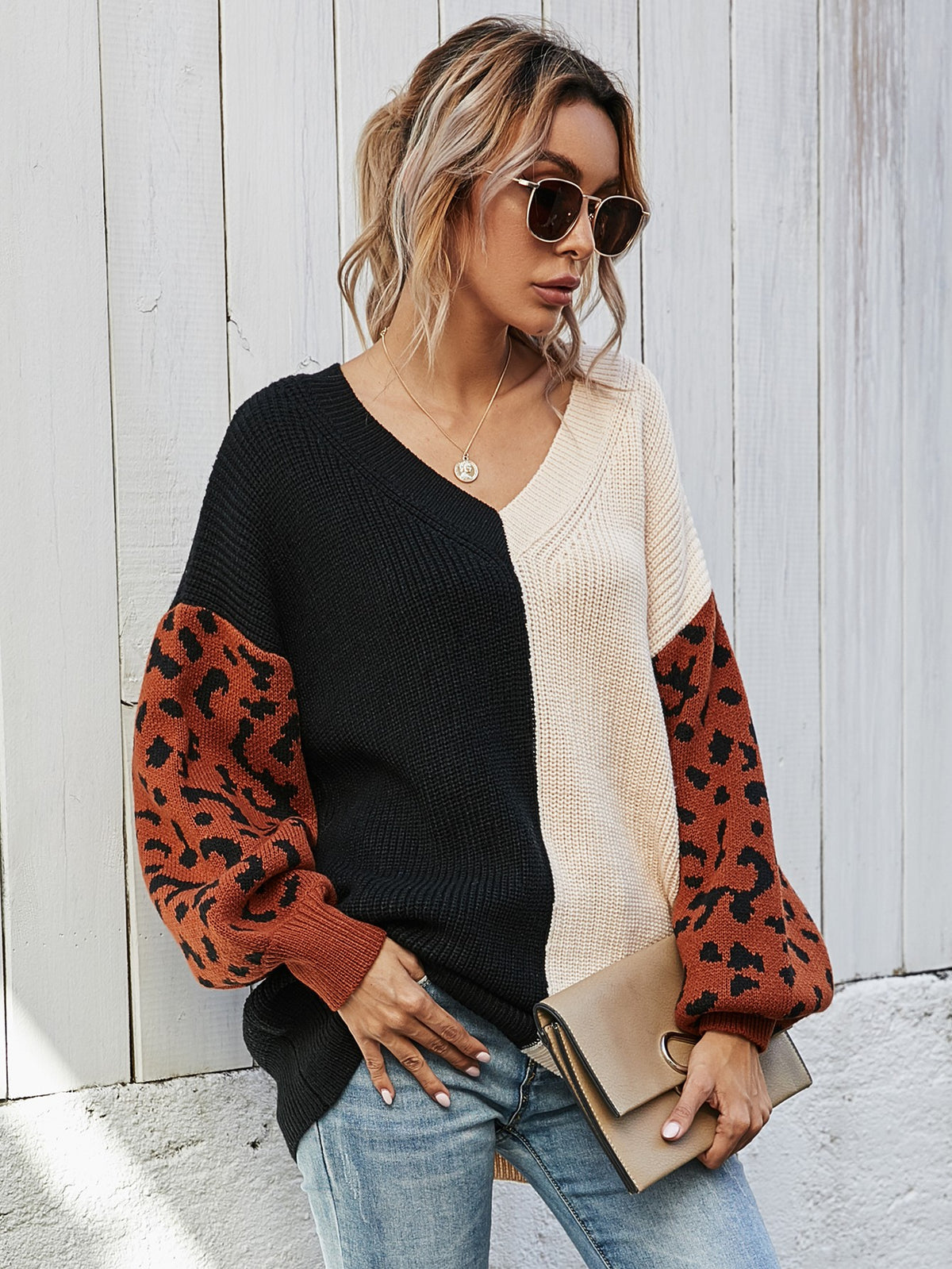 Samantha On Safari 100% Acrylic Long Sleeve Two Tone Leopard Print Color Block V-Neck Tunic Pullover Sweater (Multicolor)