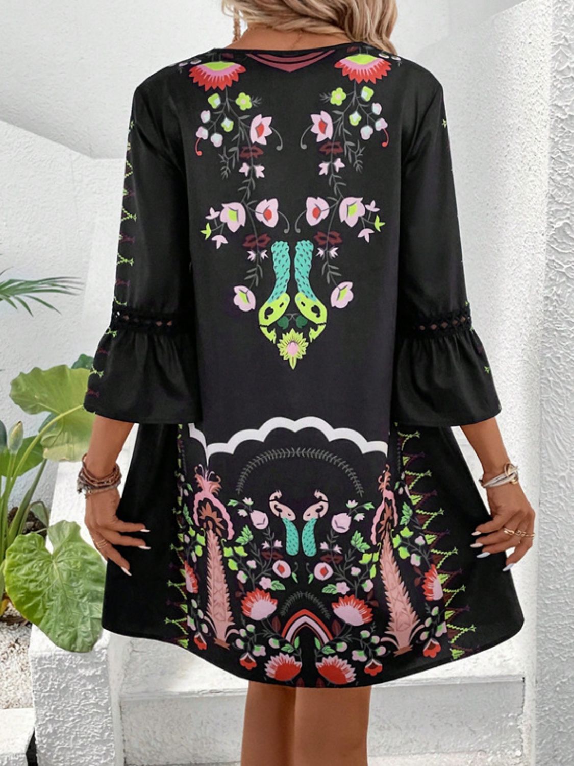 Our Best 100% Polyester Exotic Floral Print Lace Detail V-Collar Three-Quarter Sleeve Dress (Variants)