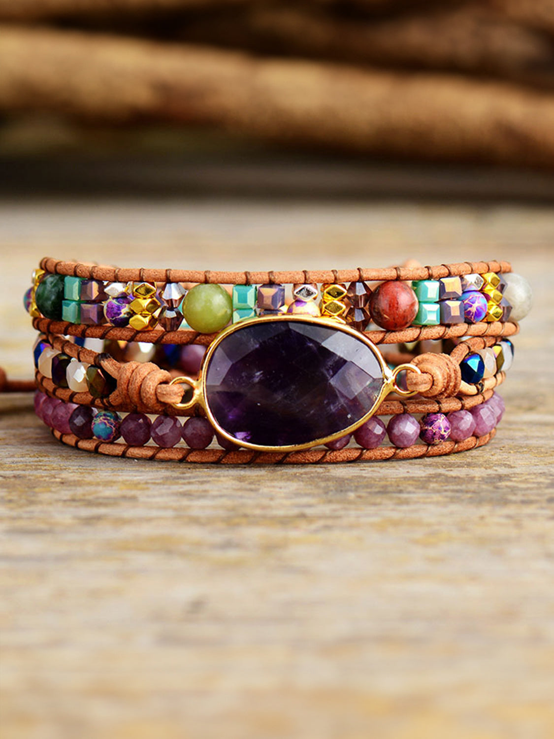 The Persian Princess Triple-Layer Semi-Precious Stone Imperial Amethyst Bracelet (Deep Purple)