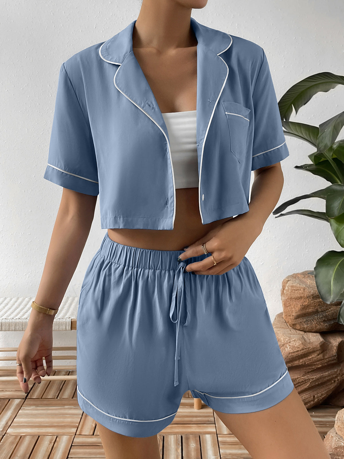 Ivy Lane Piping Detail and Pocket Lapel Collar Crop Top and Shorts Two Piece Lounge Set (Multicolor)