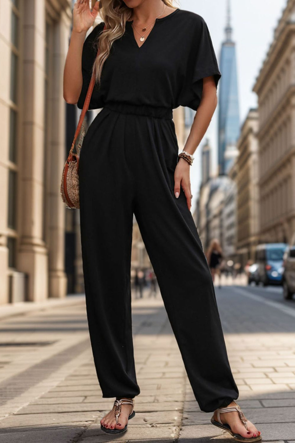 Perfee Polyester Blend Fashion Plus Notched Half Sleeve Keyhole Button Detail Jumpsuit (Black)