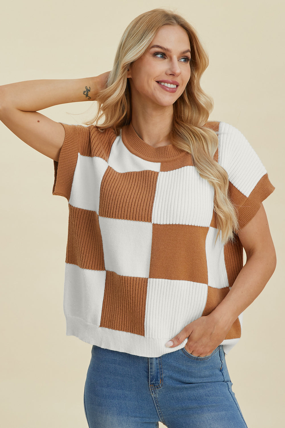 Double Take Full Size Checkered Round Neck Short Sleeve Sweater