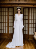 Timeless Chiffon Long Sleeve Wedding Gown with Draped Sleeves and Deep V Back