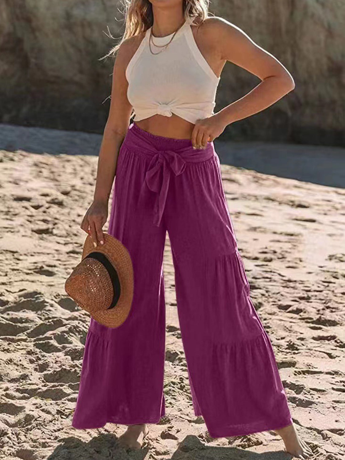 Our Best Polyester Blend Waist Tie Ruched Wide Leg Palazzo Pants (Multi-Colors)