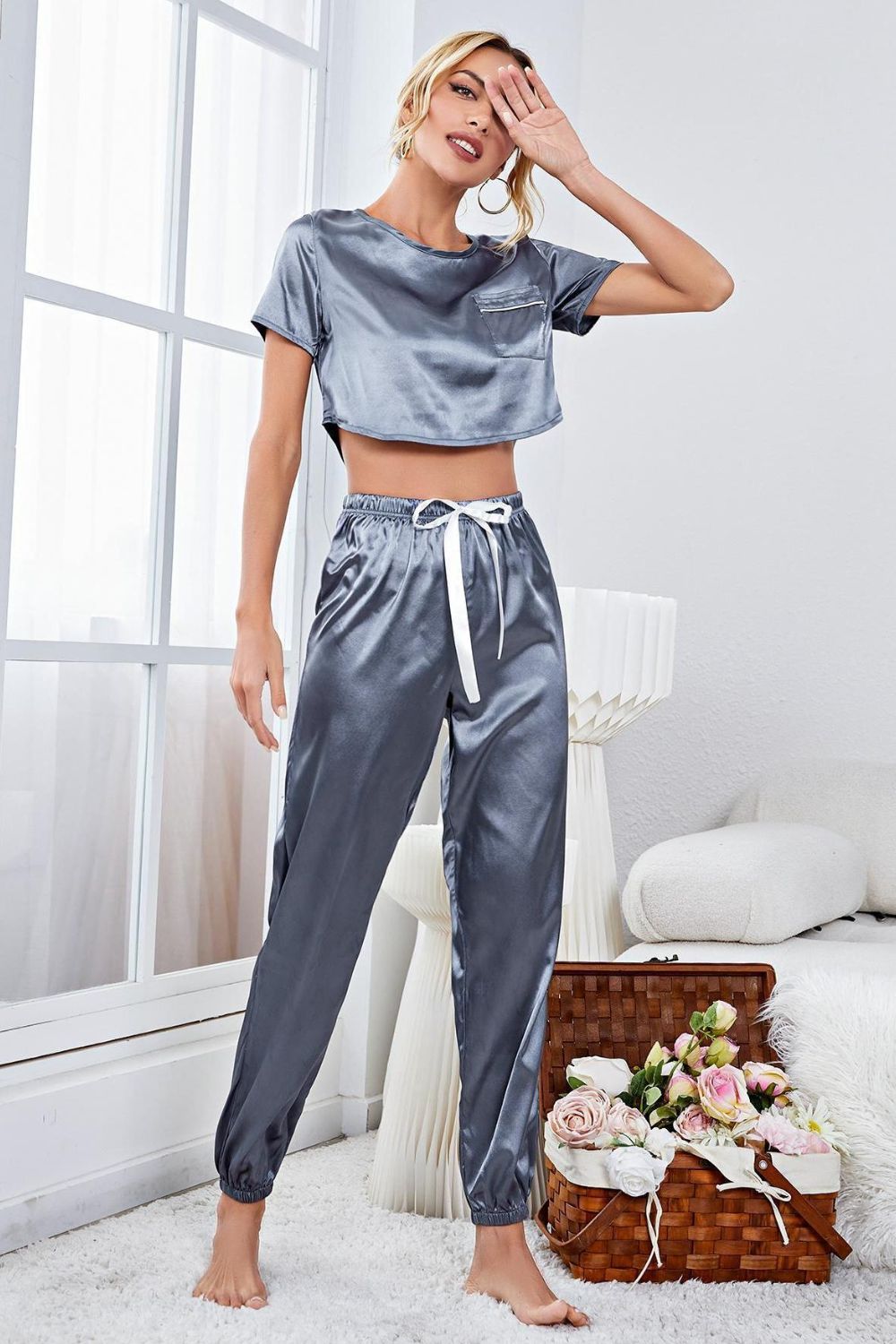 Serena Satin Polyester Blend Short Sleeve Crop Top and Drawstring Waist Two Piece Lounge Set (Steel)