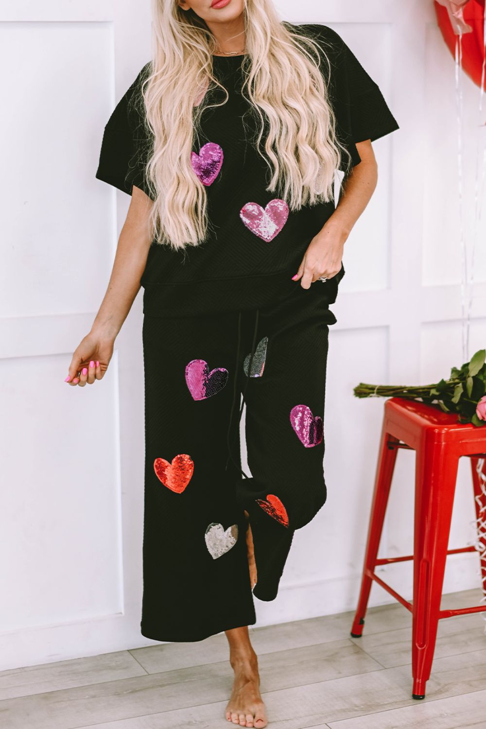 Helene Hearts Sequin Short Sleeve Top and Drawstring Flare Pants Two Piece Lounge Set (Black)