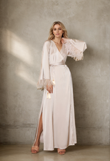Luxury Feather-Trimmed Satin Robe - Elegant Full-Length Lounge & Bridal Wear